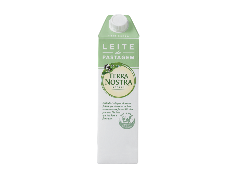 Cartão de leite Terra Nostra Leite de Pastagem, meio gordo, de vacas felizes.