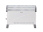 Aquecedor elétrico de convecção branco com grelhas de ventilação e pés cinzentos.