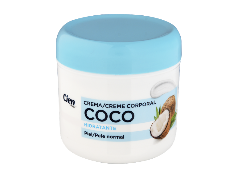 Pote de creme corporal hidratante de coco para pele normal.