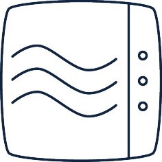 Ícone de um aparelho com ondas, simbolizando circulação de ar ou ventilação.