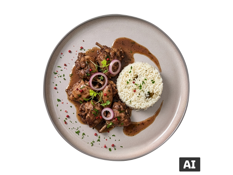 Frango em molho com arroz, cebola roxa e ervas num prato cinzento. [imagem gerada por IA]