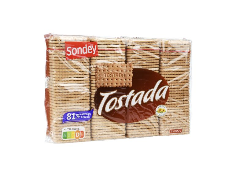 Pacote de bolachas Tostada com 81% cereais, Nutri-Score A, 4x200g.