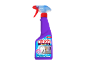 Frasco de spray roxo com tira-nódoas para roupa.