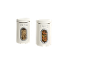 Dois recipientes de armazenamento bege com massa e arroz, marcados com '1973'.