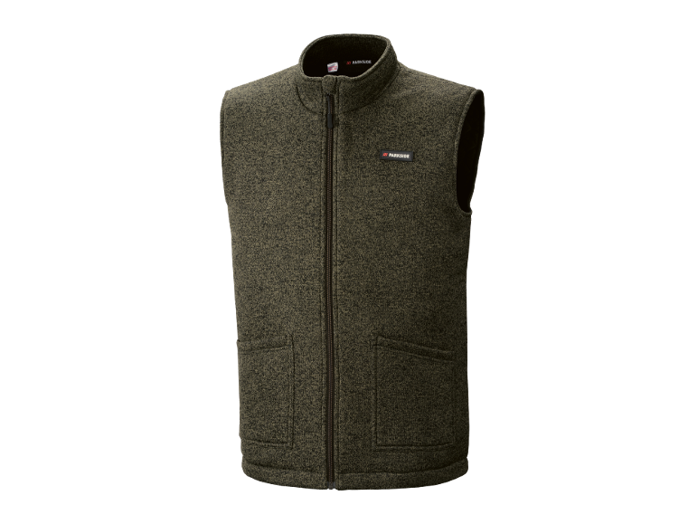 Colete de lã verde-escuro com fecho frontal e bolsos, sobre um fundo preto.