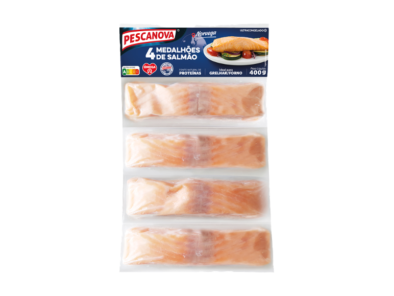 Embalagem com 4 medalhões de salmão congelados, 400g, com informação nutricional.
