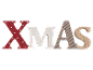 Letras de madeira formando a palavra XMAS, em vermelho, branco e cinzento.