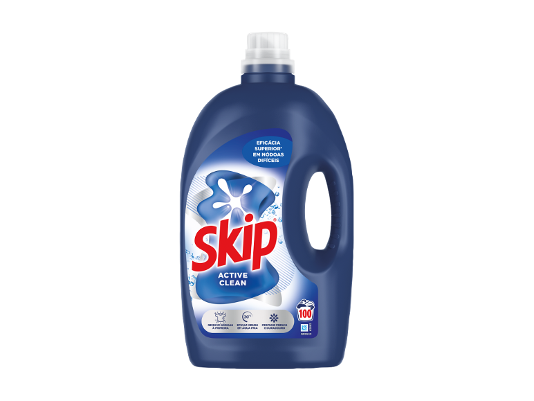 Garrafa azul escura de detergente líquido para nódoas difíceis, eficaz mesmo em água fria.