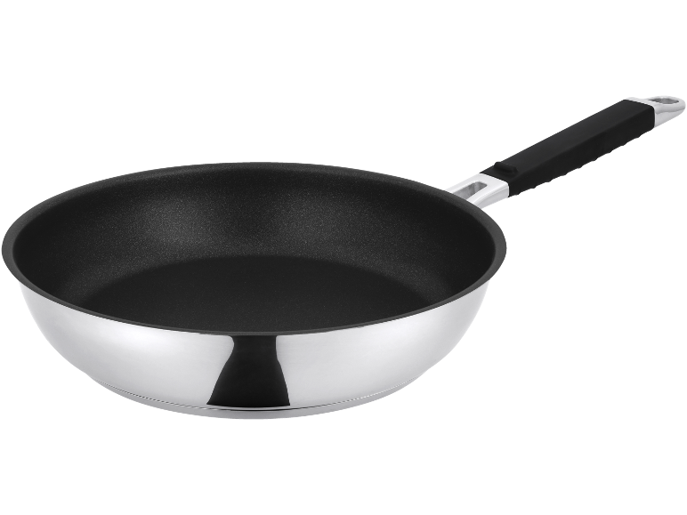 Frigideira prateada com revestimento antiaderente preto e cabo preto.
