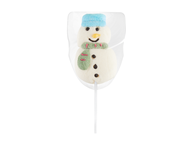 Chupa-chupa de marshmallow em forma de boneco de neve, embalado em plástico transparente.