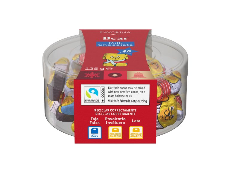 Caixa de ursos de chocolate com rótulo Fairtrade, 125g, 18 unidades.