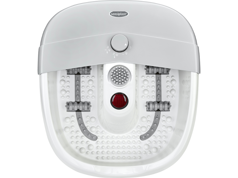 Escalda-pés com hidromassagem, rolos de massagem e luz infravermelha.