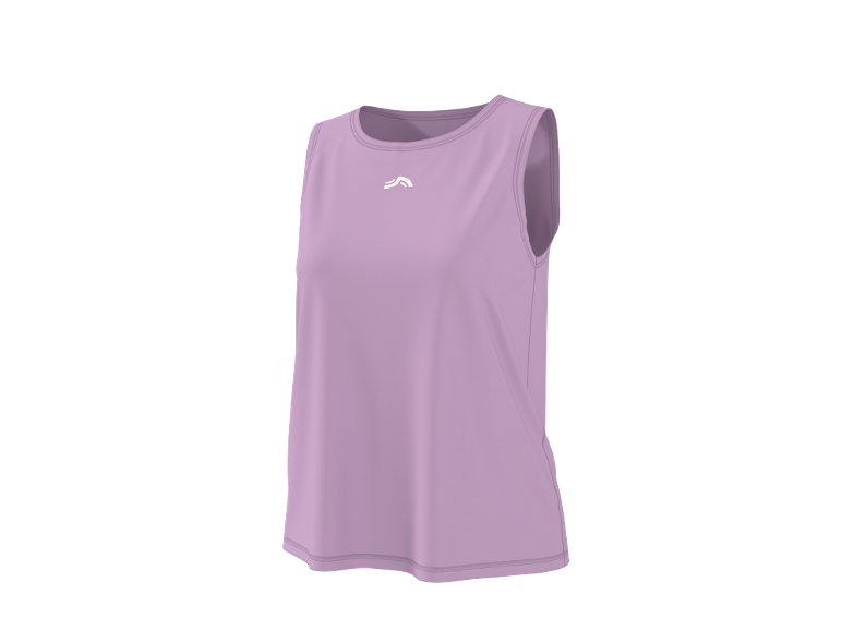 Top desportivo lilás feminino com um pequeno logótipo branco no peito.