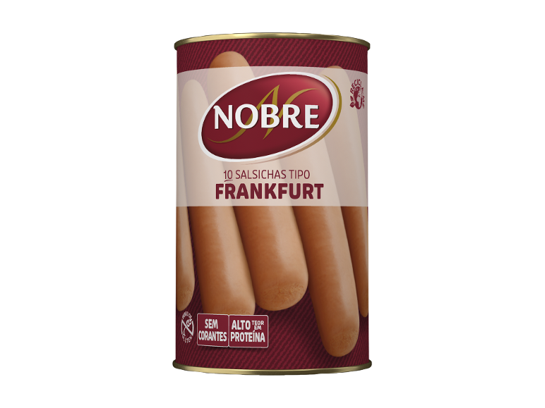 Lata de 10 salsichas tipo Frankfurt, sem corantes e com alto teor de proteína.