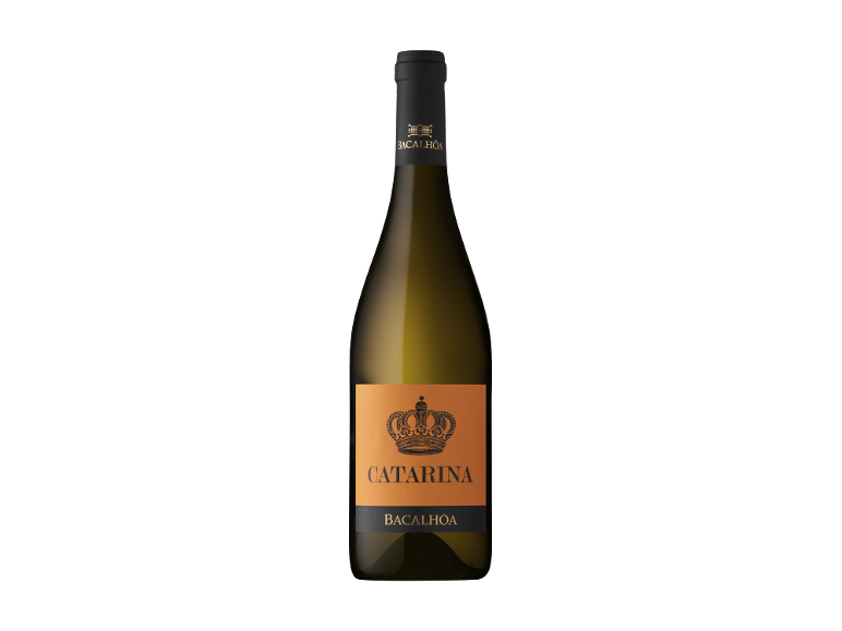 Garrafa de vinho branco com rótulo laranja exibindo 'CATARINA' e 'BACALHOA' e uma coroa.