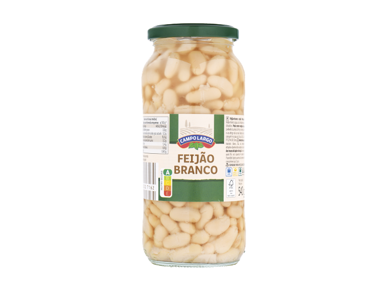 Frasco de feijão branco, com rótulo nutricional e de reciclagem.