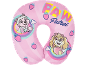Almofada de viagem rosa com motivos de cachorros e morangos.