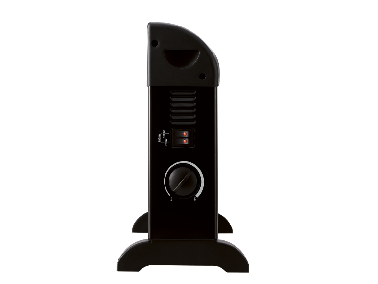 Aquecedor elétrico preto com configurações de potência (750W, 1250W, 2000W) e seletor de termostato.