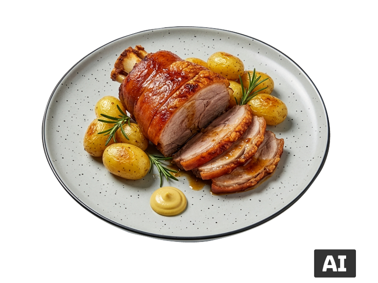 Pernil de porco assado com pururuca, batatas pequenas, mostarda e alecrim no prato [imagem gerada por IA]