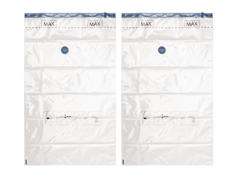 Duas sacolas de armazenamento a vácuo transparentes com instruções e indicadores de nível máximo.