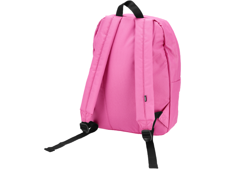 Mochila rosa com alças pretas e pega superior, vista por trás.