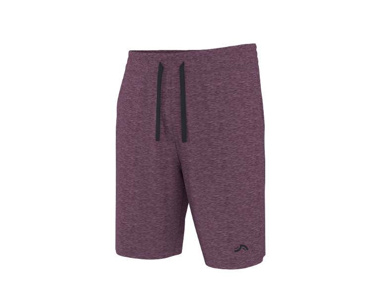 Calções desportivos masculinos roxos mesclados com cordões pretos e um pequeno logótipo.