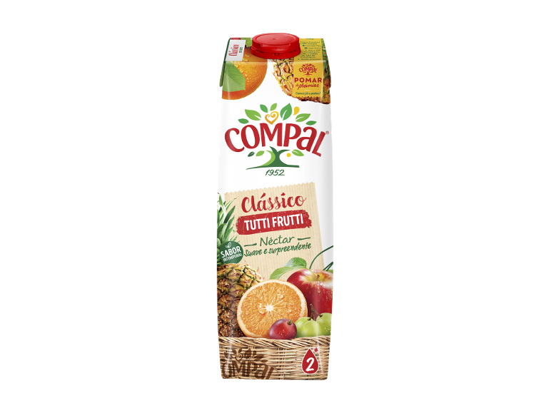 Sumo de frutas tutti frutti em caixa, com ananás, laranja, maçãs e ameixas.