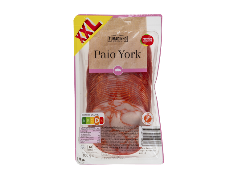 Chouriço fatiado Fumadinho Paio York, embalagem de 400g com Nutri-Score A.