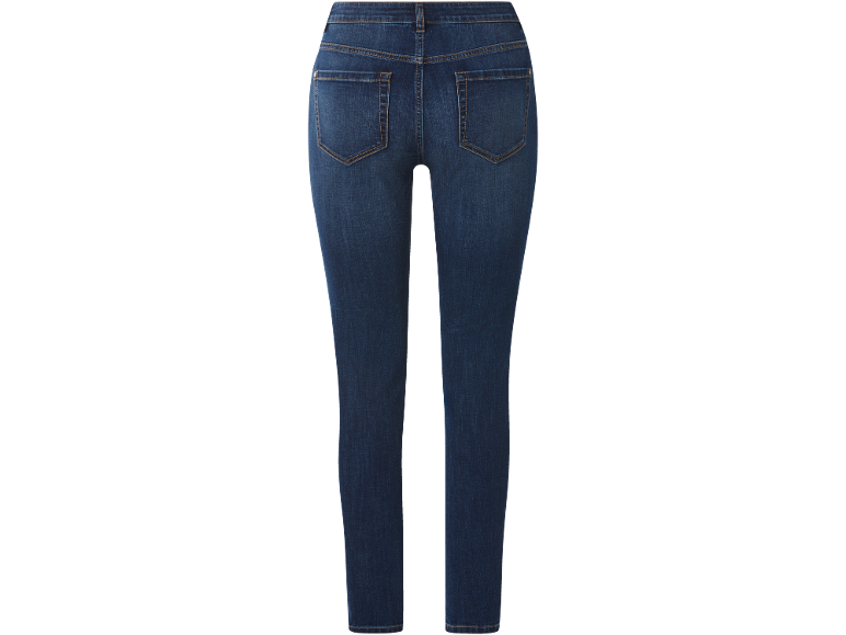 Calças de ganga slim fit azul escuras para mulher, vista traseira.