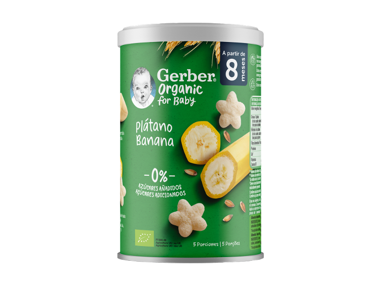 Lata verde de comida para bebé de banana, sem adição de açúcar, a partir dos 8 meses.