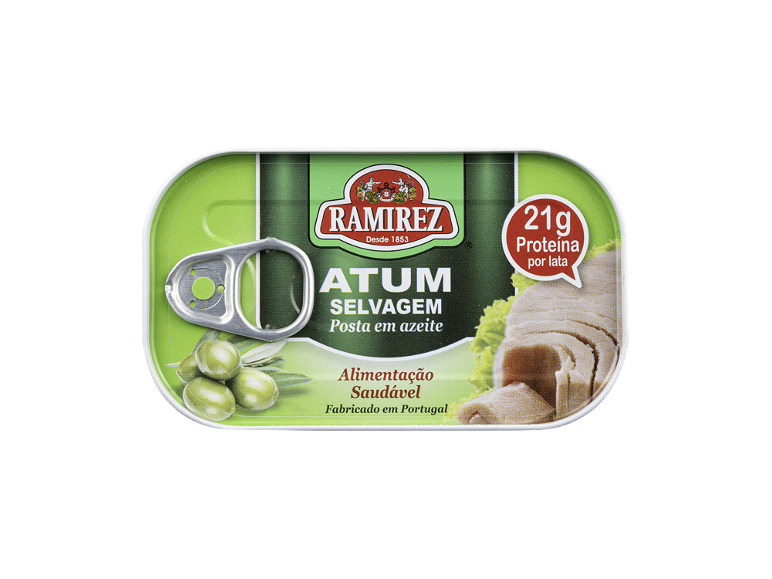Lata de atum com 21g de proteína, atum selvagem em azeite, alimentação saudável.