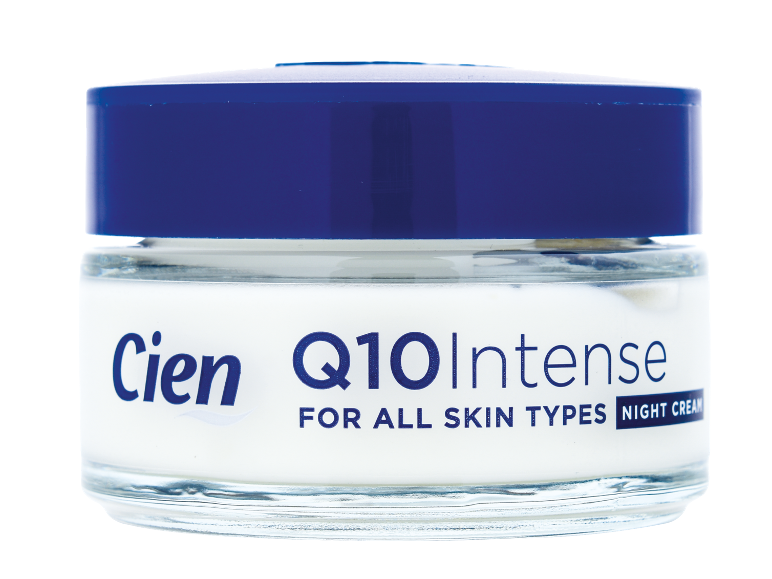 Creme de noite Q10 Intense para todos os tipos de pele num frasco de vidro com tampa azul.