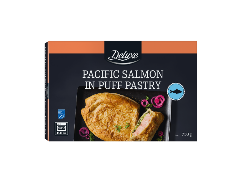 Salmão do Pacífico congelado em massa folhada, 750 g, com instruções de cozedura.