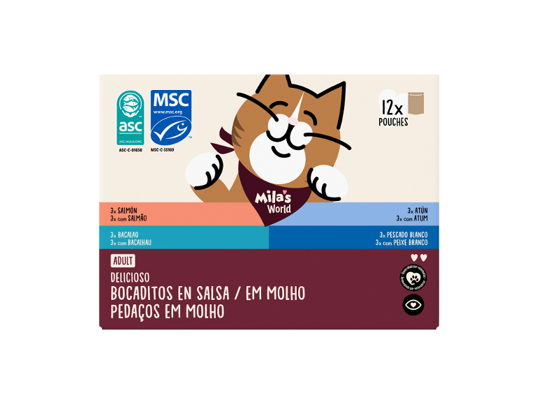 Embalagem de comida para gatos com 12 saquetas, com salmão, bacalhau, atum e peixe branco em molho.