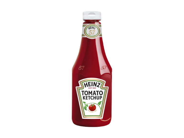 Garrafa de ketchup de tomate com tampa branca e rótulo com um tomate.