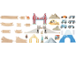Conjunto de brinquedos de madeira com carris de comboio, veículos e monumentos mundiais.
