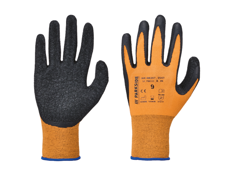Par de luvas de trabalho laranja e pretas com palma texturizada e punho.