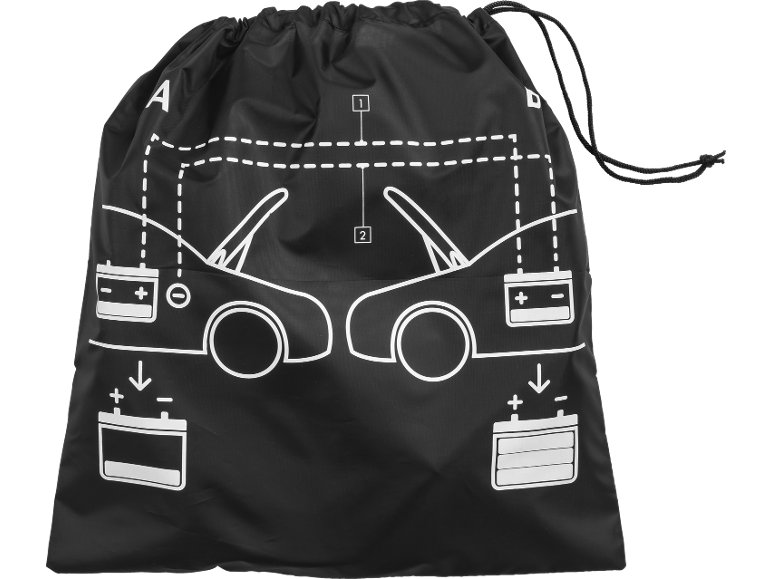 Saco preto com cordão e diagrama branco que mostra como fazer uma ligação direta a um carro.