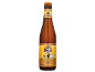 Garrafa de cerveja castanha com rótulo dourado apresentando um monge a escrever, rotulada como 'Archivist Abbey Ale Lager'