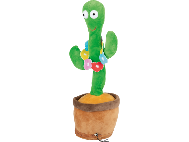 Brinquedo de cacto de pelúcia verde com olhos esbugalhados, um sorriso vermelho e decorações de flores coloridas num vaso.