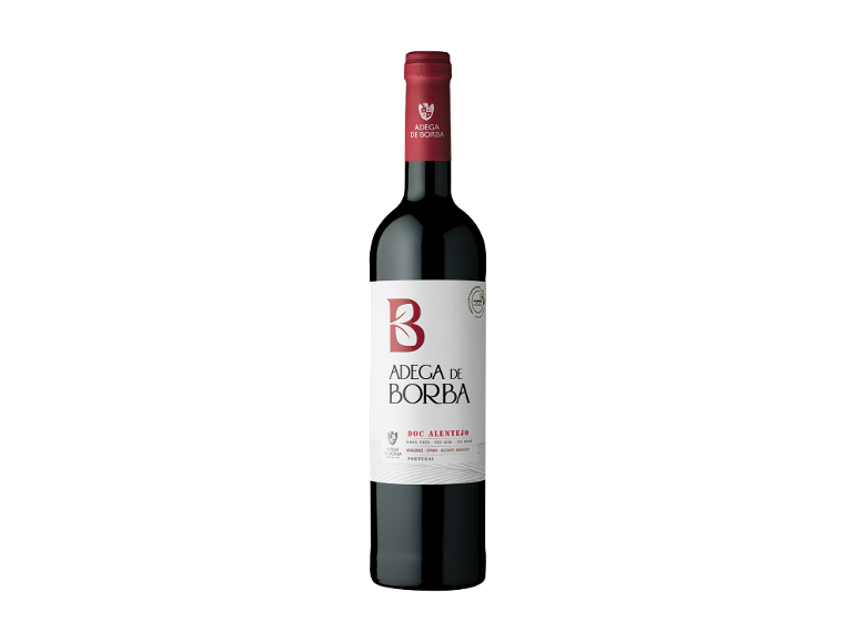 Garrafa de vinho tinto Alentejo com rótulo e cápsula vermelhos.