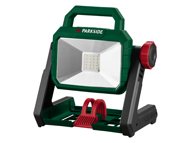 Luz de trabalho LED verde e preta com suporte e pega vermelha.