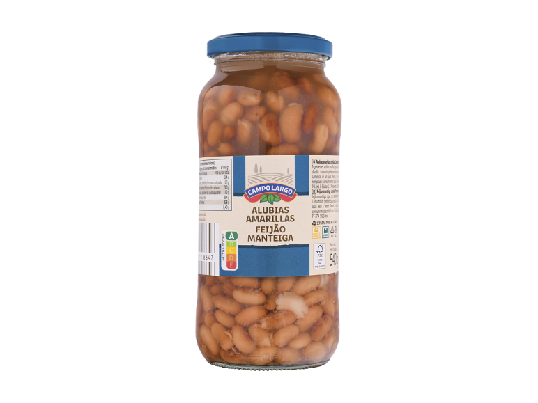 Frasco de feijão-manteiga com rótulo Nutri-Score A, informações nutricionais e instruções.