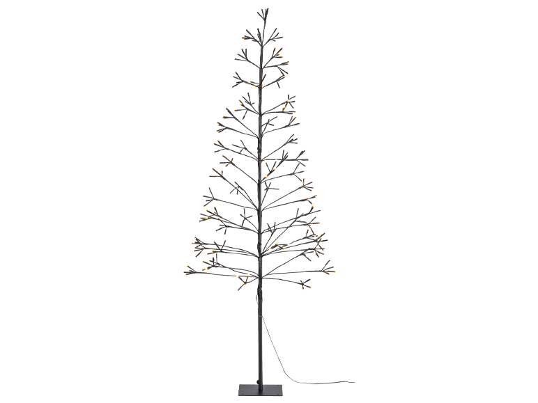 Árvore de Natal iluminada com luzes LED brancas quentes, sobre um fundo preto.
