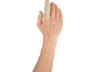 Mão com um suporte de dedo bege no dedo médio.