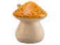 Recipiente de cerâmica em forma de cogumelo com tampa laranja e pintas castanhas.