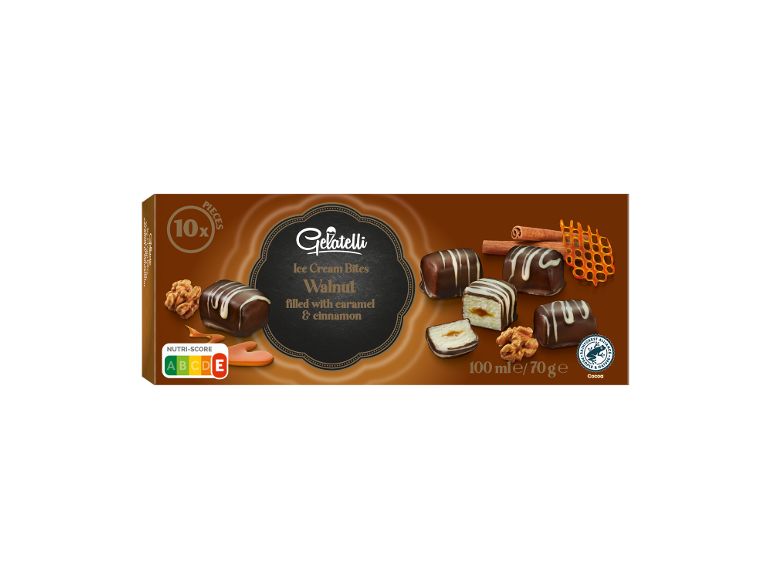 Caixa de pedaços de gelado de noz com caramelo e canela, 10 unidades, 100 ml/70 g, Nutri-Score E.