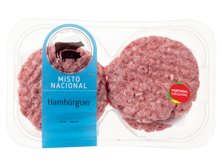 Dois hambúrgueres crus de carne mista, com rótulo 'Misto Nacional Hambúrguer' e 'Portugal Original'.