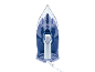 Ferro a vapor em azul e branco, visto de cima.