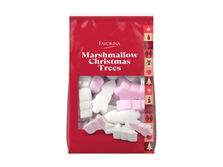 Embalagem de marshmallows brancos e rosa em forma de árvores de Natal com motivos natalícios.